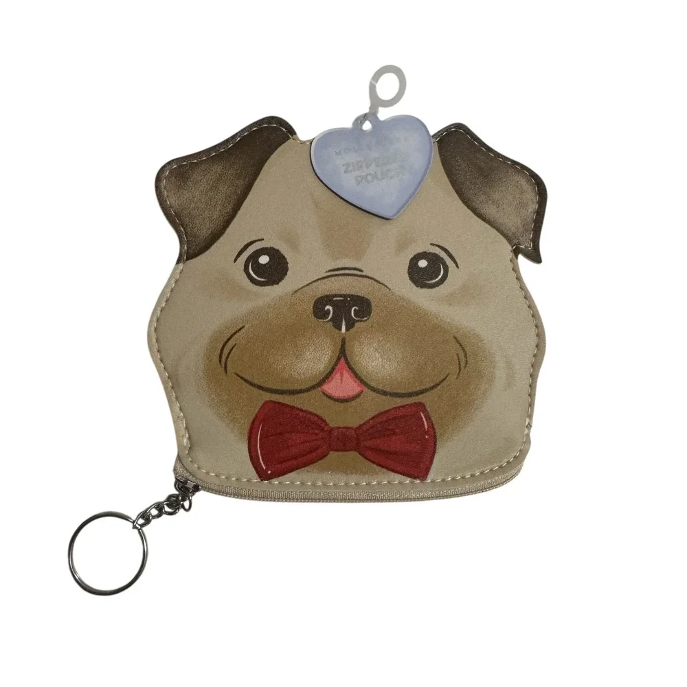 Molly & Rex Pug Dog Zippered Pouch Coin Purse Key Ring Tan Bow Tie NEW with FLAW